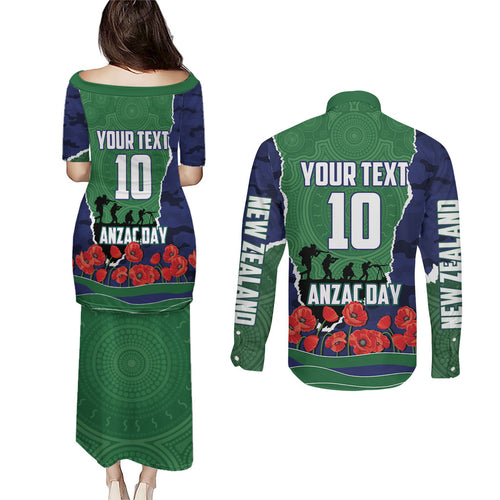 Personalized New Zealand Warriors ANZAC Tribute Couples Matching Puletasi and Long Sleeve Button Shirt Poppy Field Soldier Silhouette Aboriginal Rugby Mascot