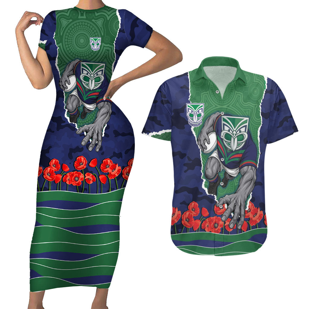 Personalized New Zealand Warriors ANZAC Tribute Couples Matching Short Sleeve Bodycon Dress and Hawaiian Shirt Poppy Field Soldier Silhouette Aboriginal Rugby Mascot