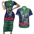 Personalized New Zealand Warriors ANZAC Tribute Couples Matching Short Sleeve Bodycon Dress and Hawaiian Shirt Poppy Field Soldier Silhouette Aboriginal Rugby Mascot