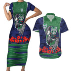 Personalized New Zealand Warriors ANZAC Tribute Couples Matching Short Sleeve Bodycon Dress and Hawaiian Shirt Poppy Field Soldier Silhouette Aboriginal Rugby Mascot