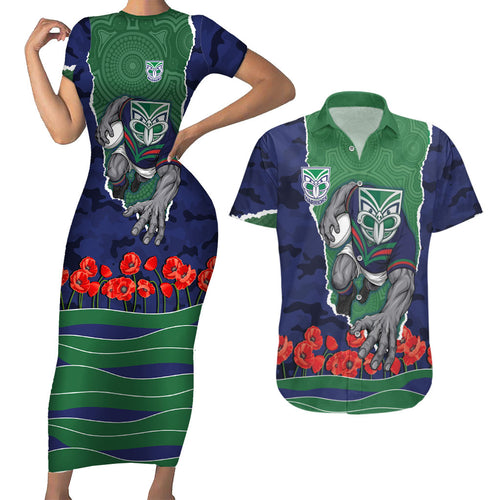 Personalized New Zealand Warriors ANZAC Tribute Couples Matching Short Sleeve Bodycon Dress and Hawaiian Shirt Poppy Field Soldier Silhouette Aboriginal Rugby Mascot