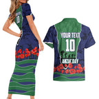 Personalized New Zealand Warriors ANZAC Tribute Couples Matching Short Sleeve Bodycon Dress and Hawaiian Shirt Poppy Field Soldier Silhouette Aboriginal Rugby Mascot