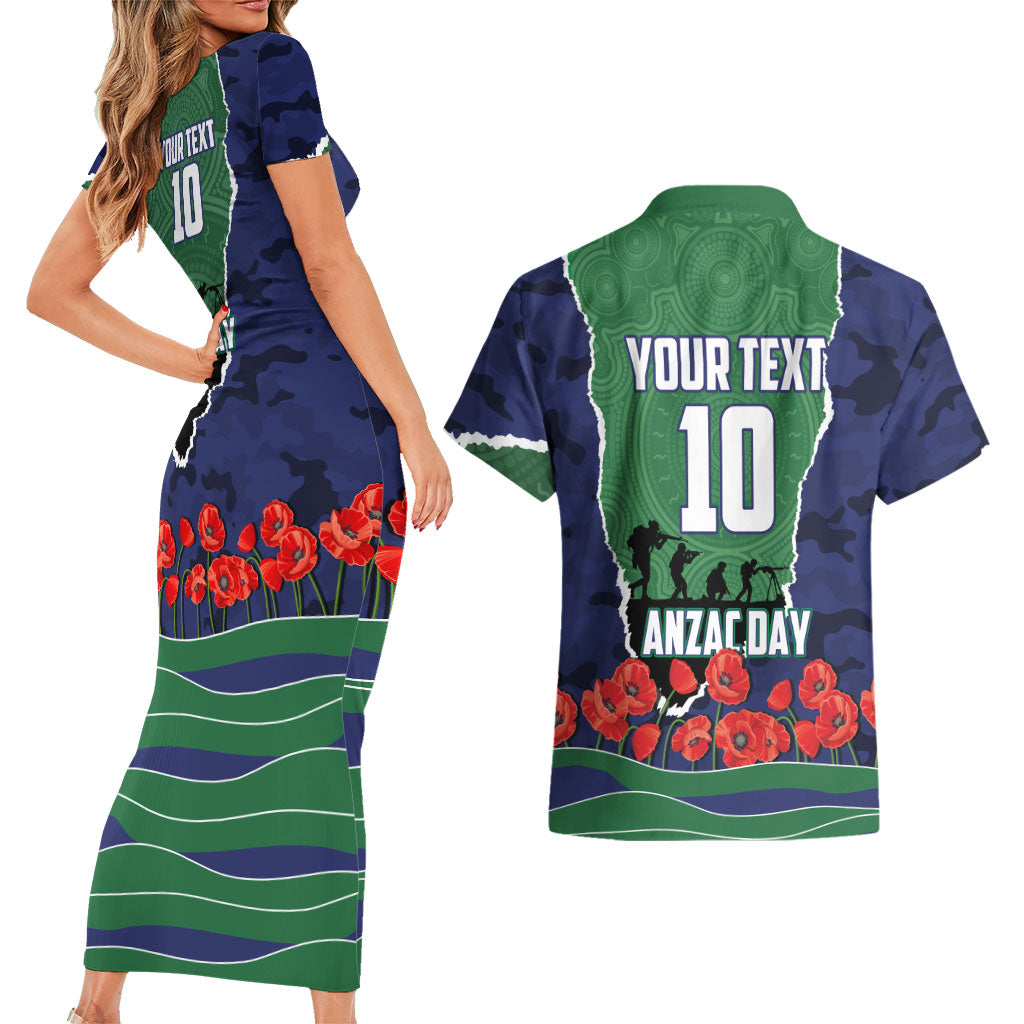 Personalized New Zealand Warriors ANZAC Tribute Couples Matching Short Sleeve Bodycon Dress and Hawaiian Shirt Poppy Field Soldier Silhouette Aboriginal Rugby Mascot