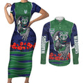 Personalized New Zealand Warriors ANZAC Tribute Couples Matching Short Sleeve Bodycon Dress and Long Sleeve Button Shirt Poppy Field Soldier Silhouette Aboriginal Rugby Mascot