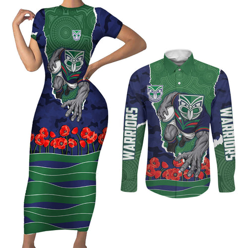 Personalized New Zealand Warriors ANZAC Tribute Couples Matching Short Sleeve Bodycon Dress and Long Sleeve Button Shirt Poppy Field Soldier Silhouette Aboriginal Rugby Mascot