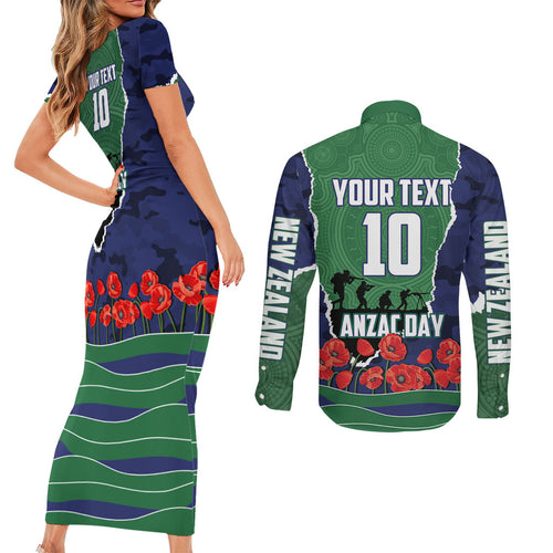 Personalized New Zealand Warriors ANZAC Tribute Couples Matching Short Sleeve Bodycon Dress and Long Sleeve Button Shirt Poppy Field Soldier Silhouette Aboriginal Rugby Mascot