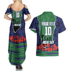 Personalized New Zealand Warriors ANZAC Tribute Couples Matching Summer Maxi Dress and Hawaiian Shirt Poppy Field Soldier Silhouette Aboriginal Rugby Mascot