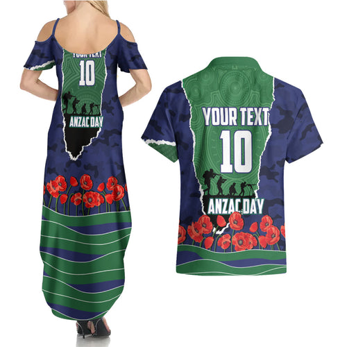Personalized New Zealand Warriors ANZAC Tribute Couples Matching Summer Maxi Dress and Hawaiian Shirt Poppy Field Soldier Silhouette Aboriginal Rugby Mascot