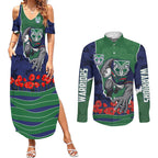 Personalized New Zealand Warriors ANZAC Tribute Couples Matching Summer Maxi Dress and Long Sleeve Button Shirt Poppy Field Soldier Silhouette Aboriginal Rugby Mascot