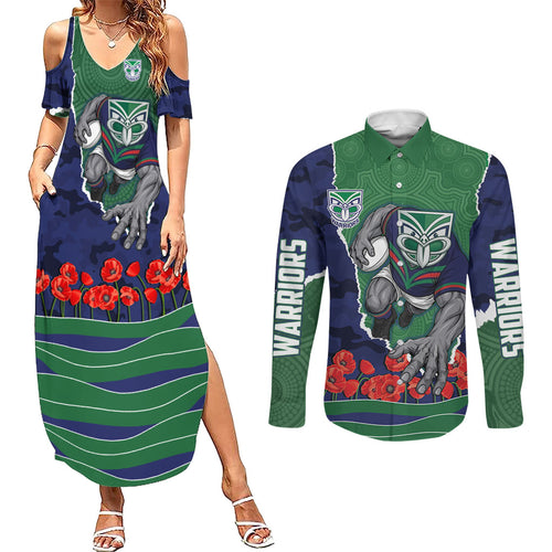 Personalized New Zealand Warriors ANZAC Tribute Couples Matching Summer Maxi Dress and Long Sleeve Button Shirt Poppy Field Soldier Silhouette Aboriginal Rugby Mascot