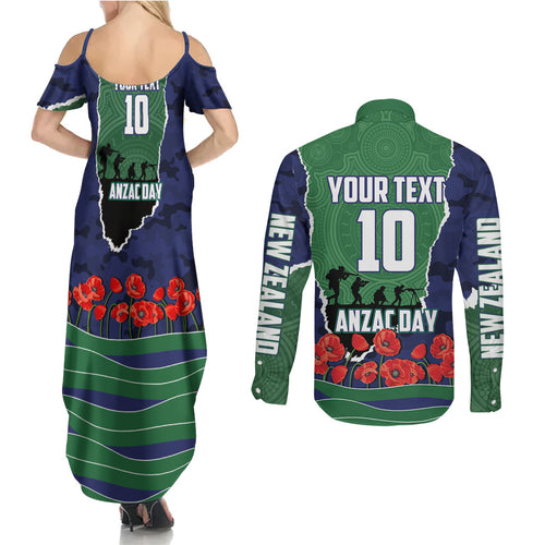 Personalized New Zealand Warriors ANZAC Tribute Couples Matching Summer Maxi Dress and Long Sleeve Button Shirt Poppy Field Soldier Silhouette Aboriginal Rugby Mascot