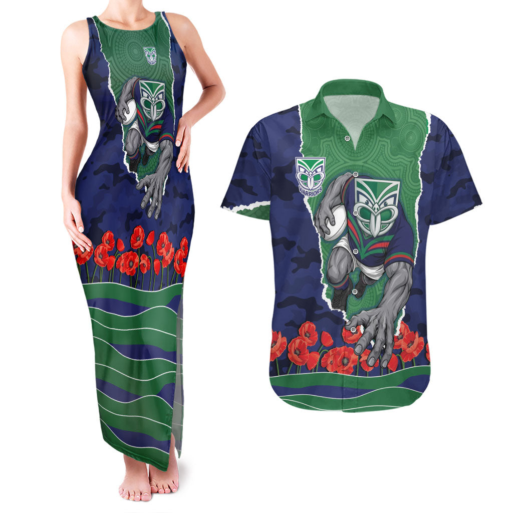 Personalized New Zealand Warriors ANZAC Tribute Couples Matching Tank Maxi Dress and Hawaiian Shirt Poppy Field Soldier Silhouette Aboriginal Rugby Mascot