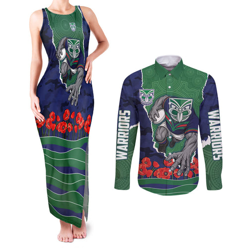 Personalized New Zealand Warriors ANZAC Tribute Couples Matching Tank Maxi Dress and Long Sleeve Button Shirt Poppy Field Soldier Silhouette Aboriginal Rugby Mascot
