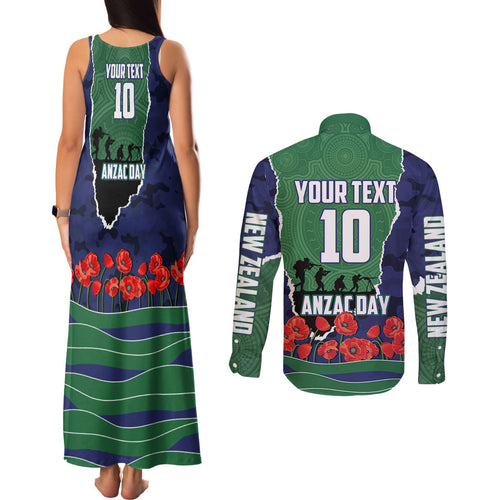 Personalized New Zealand Warriors ANZAC Tribute Couples Matching Tank Maxi Dress and Long Sleeve Button Shirt Poppy Field Soldier Silhouette Aboriginal Rugby Mascot
