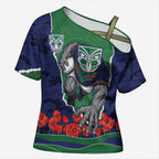 Personalized New Zealand Warriors ANZAC Tribute Cross Shoulder Shirt Poppy Field Soldier Silhouette Aboriginal Rugby Mascot