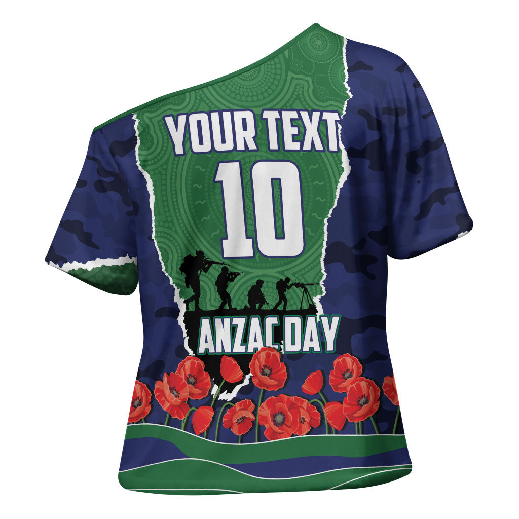 Personalized New Zealand Warriors ANZAC Tribute Cross Shoulder Shirt Poppy Field Soldier Silhouette Aboriginal Rugby Mascot