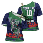 Personalized New Zealand Warriors ANZAC Tribute Cross Shoulder Shirt Poppy Field Soldier Silhouette Aboriginal Rugby Mascot
