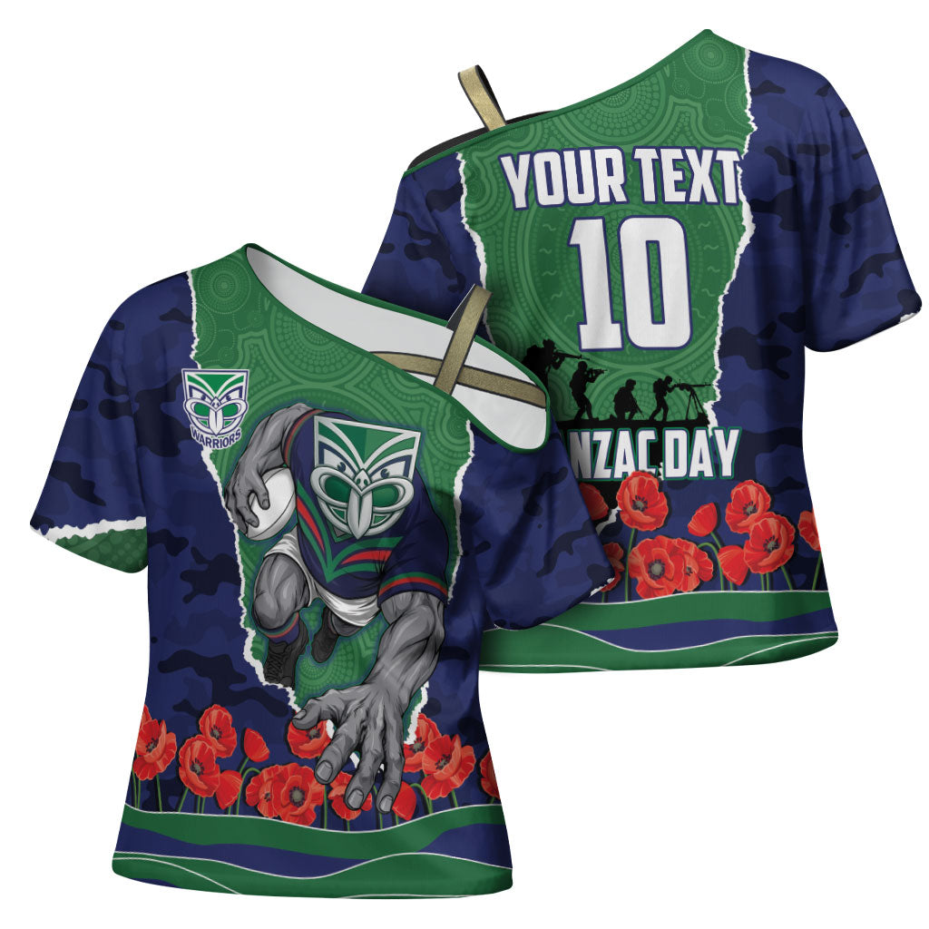 Personalized New Zealand Warriors ANZAC Tribute Cross Shoulder Shirt Poppy Field Soldier Silhouette Aboriginal Rugby Mascot