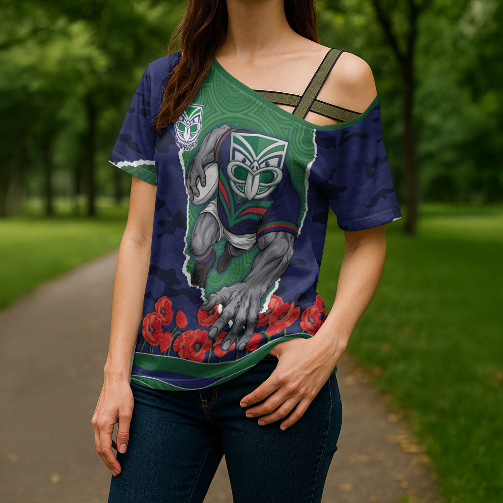 Personalized New Zealand Warriors ANZAC Tribute Cross Shoulder Shirt Poppy Field Soldier Silhouette Aboriginal Rugby Mascot