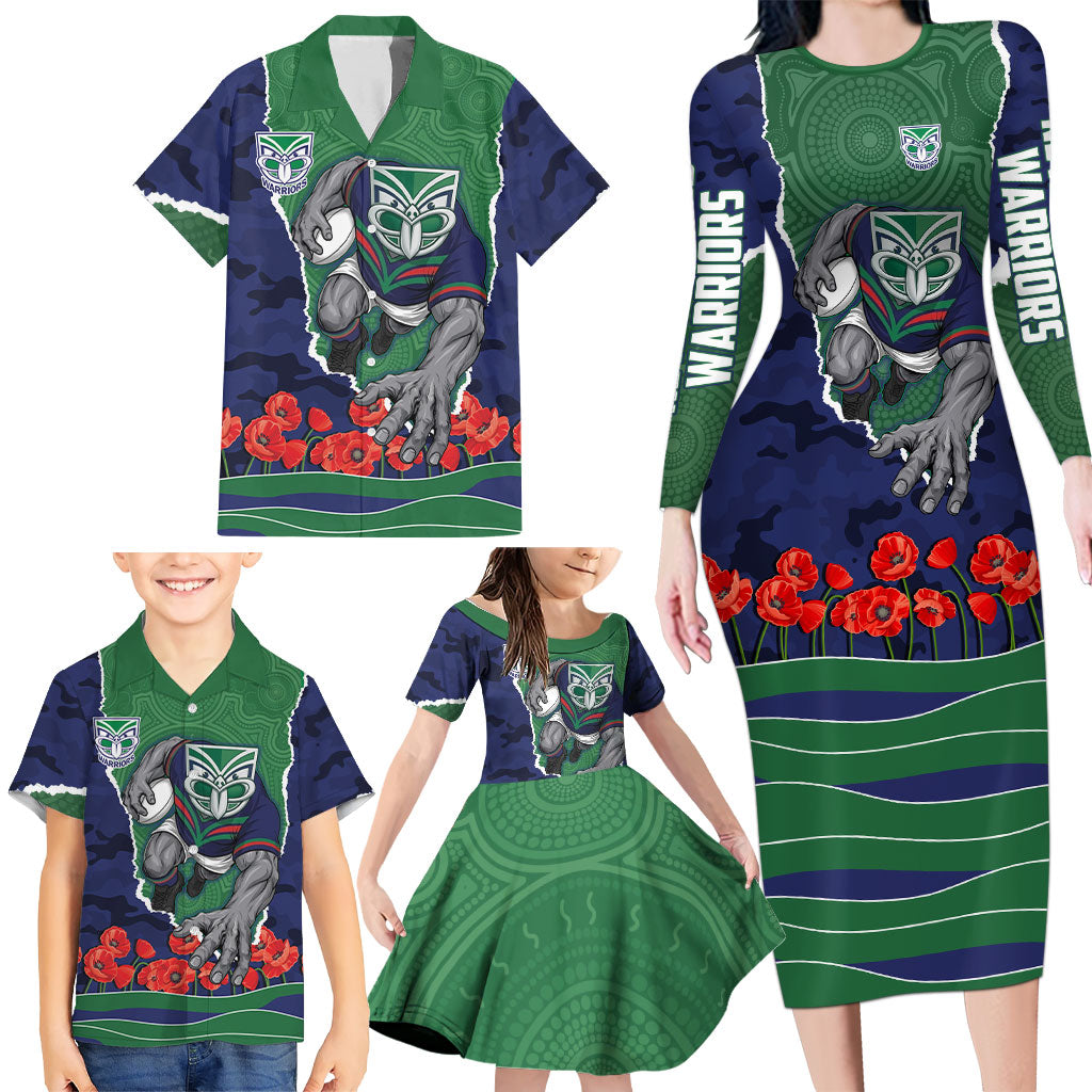Personalized New Zealand Warriors ANZAC Tribute Family Matching Long Sleeve Bodycon Dress and Hawaiian Shirt Poppy Field Soldier Silhouette Aboriginal Rugby Mascot