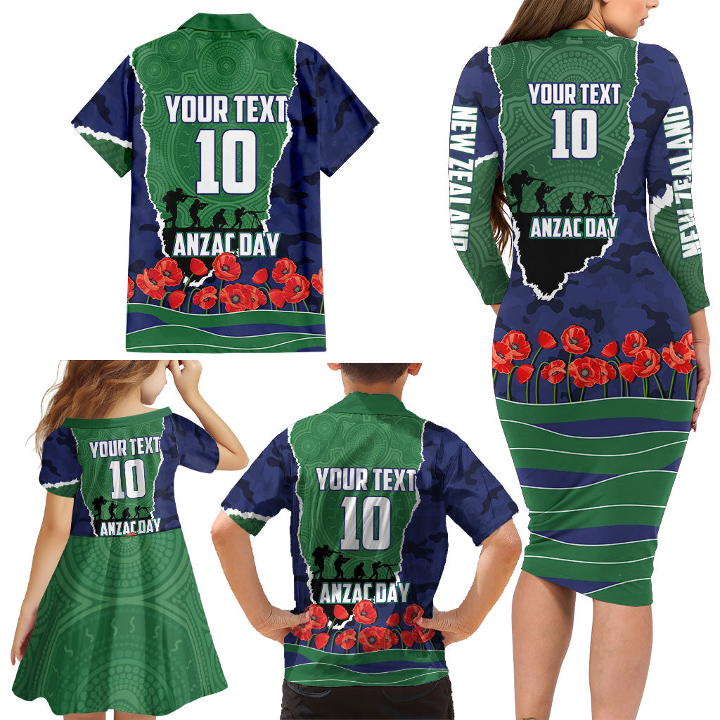 Personalized New Zealand Warriors ANZAC Tribute Family Matching Long Sleeve Bodycon Dress and Hawaiian Shirt Poppy Field Soldier Silhouette Aboriginal Rugby Mascot