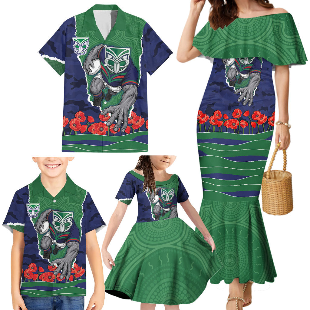 Personalized New Zealand Warriors ANZAC Tribute Family Matching Mermaid Dress and Hawaiian Shirt Poppy Field Soldier Silhouette Aboriginal Rugby Mascot