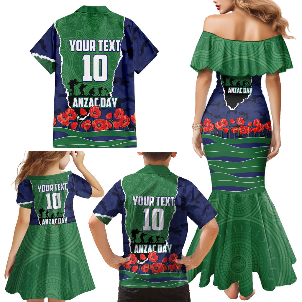 Personalized New Zealand Warriors ANZAC Tribute Family Matching Mermaid Dress and Hawaiian Shirt Poppy Field Soldier Silhouette Aboriginal Rugby Mascot