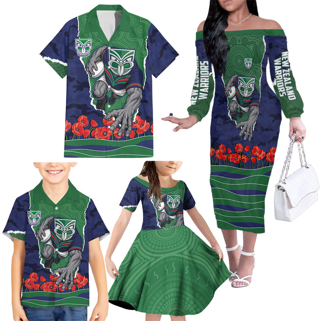 Personalized New Zealand Warriors ANZAC Tribute Family Matching Off The Shoulder Long Sleeve Dress and Hawaiian Shirt Poppy Field Soldier Silhouette Aboriginal Rugby Mascot
