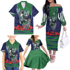 Personalized New Zealand Warriors ANZAC Tribute Family Matching Off The Shoulder Long Sleeve Dress and Hawaiian Shirt Poppy Field Soldier Silhouette Aboriginal Rugby Mascot