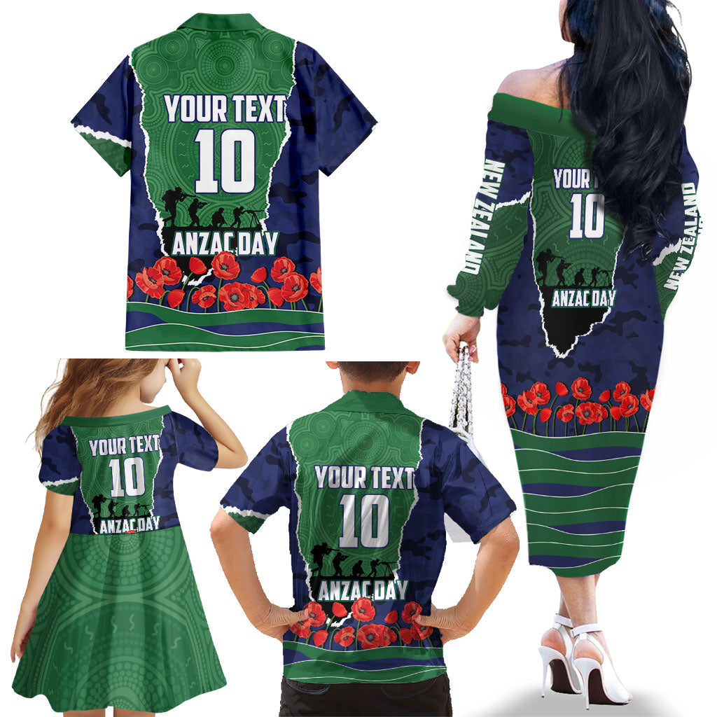 Personalized New Zealand Warriors ANZAC Tribute Family Matching Off The Shoulder Long Sleeve Dress and Hawaiian Shirt Poppy Field Soldier Silhouette Aboriginal Rugby Mascot