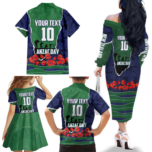 Personalized New Zealand Warriors ANZAC Tribute Family Matching Off The Shoulder Long Sleeve Dress and Hawaiian Shirt Poppy Field Soldier Silhouette Aboriginal Rugby Mascot