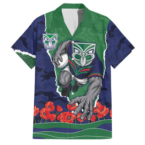Personalized New Zealand Warriors ANZAC Tribute Family Matching Off The Shoulder Long Sleeve Dress and Hawaiian Shirt Poppy Field Soldier Silhouette Aboriginal Rugby Mascot
