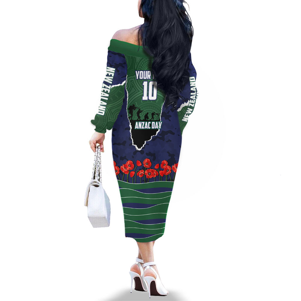 Personalized New Zealand Warriors ANZAC Tribute Family Matching Off The Shoulder Long Sleeve Dress and Hawaiian Shirt Poppy Field Soldier Silhouette Aboriginal Rugby Mascot