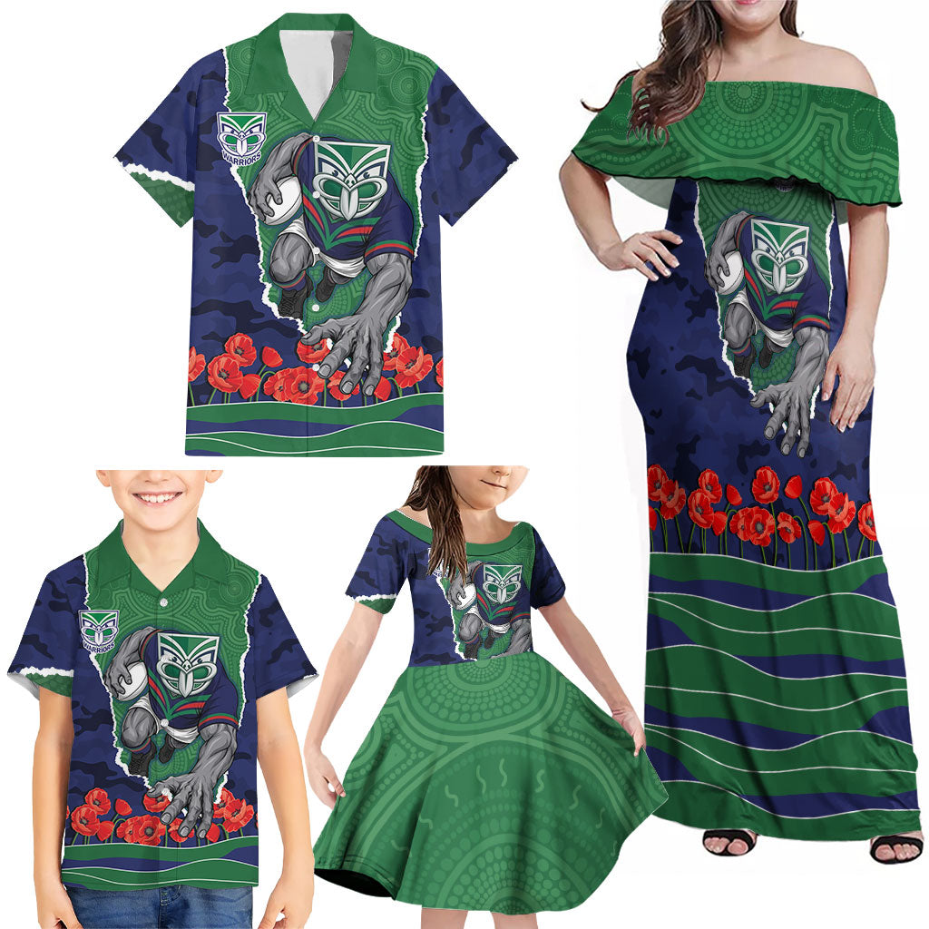 Personalized New Zealand Warriors ANZAC Tribute Family Matching Off Shoulder Maxi Dress and Hawaiian Shirt Poppy Field Soldier Silhouette Aboriginal Rugby Mascot