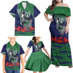 Personalized New Zealand Warriors ANZAC Tribute Family Matching Off Shoulder Maxi Dress and Hawaiian Shirt Poppy Field Soldier Silhouette Aboriginal Rugby Mascot