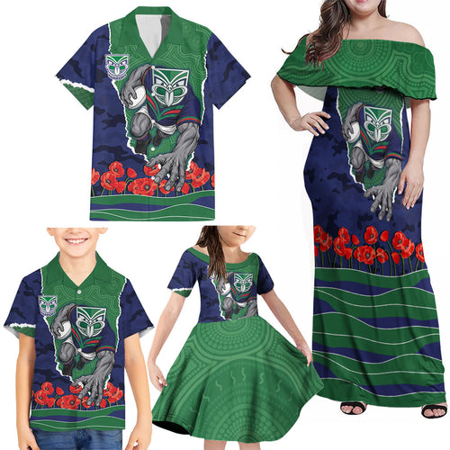 Personalized New Zealand Warriors ANZAC Tribute Family Matching Off Shoulder Maxi Dress and Hawaiian Shirt Poppy Field Soldier Silhouette Aboriginal Rugby Mascot