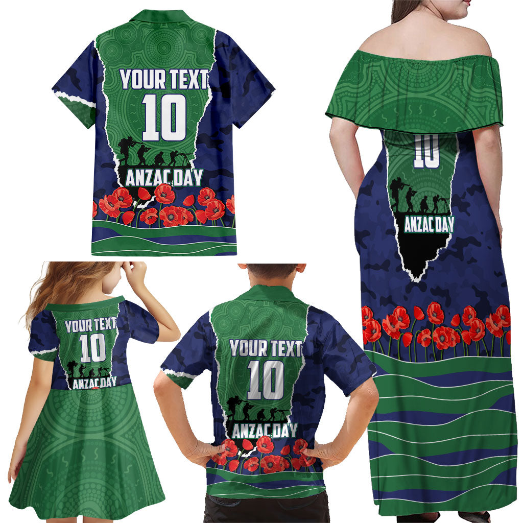 Personalized New Zealand Warriors ANZAC Tribute Family Matching Off Shoulder Maxi Dress and Hawaiian Shirt Poppy Field Soldier Silhouette Aboriginal Rugby Mascot