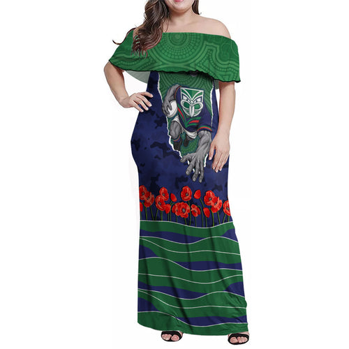 Personalized New Zealand Warriors ANZAC Tribute Family Matching Off Shoulder Maxi Dress and Hawaiian Shirt Poppy Field Soldier Silhouette Aboriginal Rugby Mascot