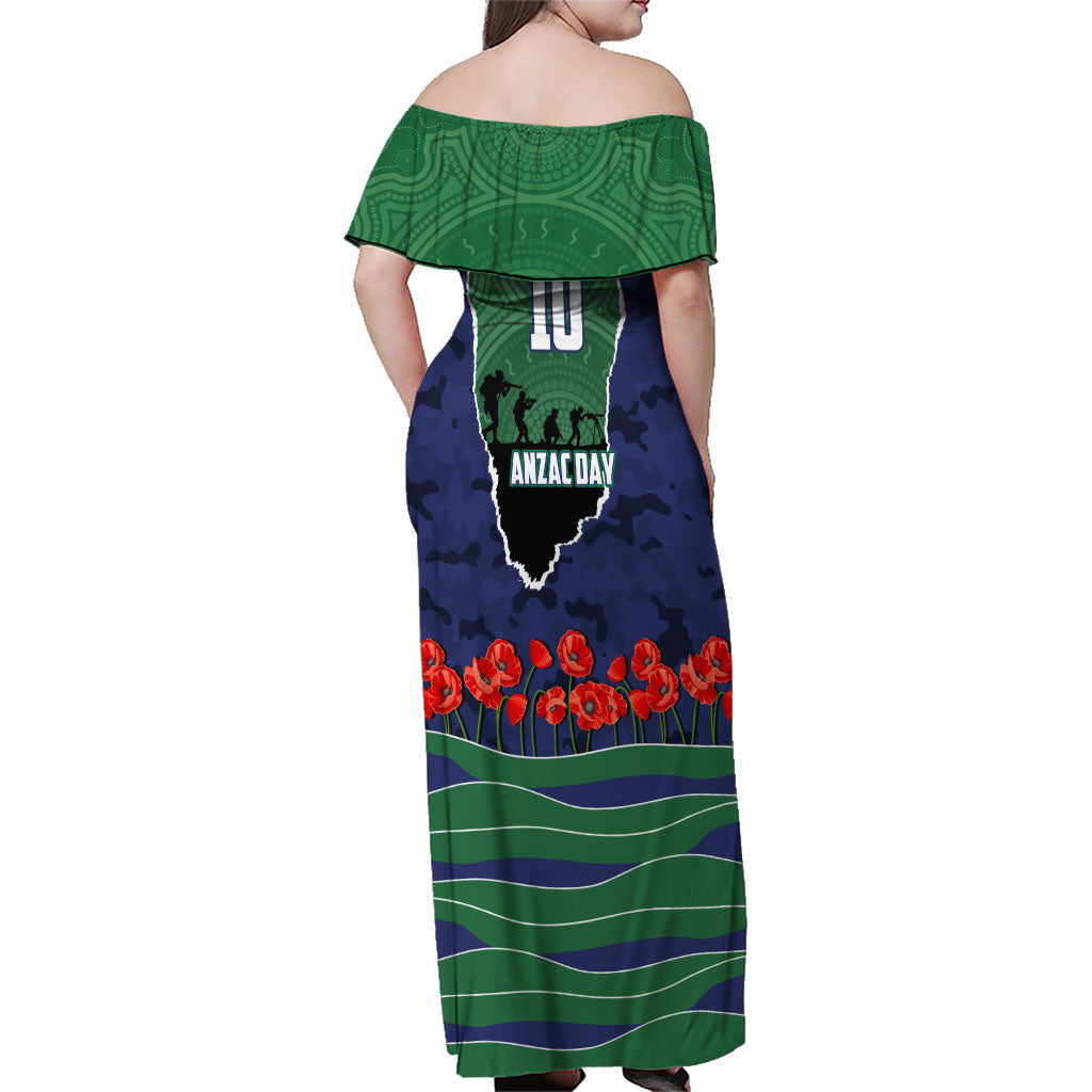 Personalized New Zealand Warriors ANZAC Tribute Family Matching Off Shoulder Maxi Dress and Hawaiian Shirt Poppy Field Soldier Silhouette Aboriginal Rugby Mascot