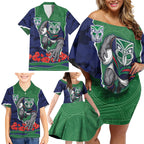 Personalized New Zealand Warriors ANZAC Tribute Family Matching Off Shoulder Short Dress and Hawaiian Shirt Poppy Field Soldier Silhouette Aboriginal Rugby Mascot