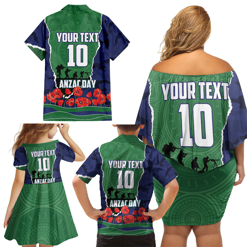 Personalized New Zealand Warriors ANZAC Tribute Family Matching Off Shoulder Short Dress and Hawaiian Shirt Poppy Field Soldier Silhouette Aboriginal Rugby Mascot