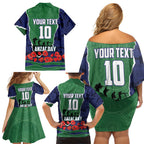 Personalized New Zealand Warriors ANZAC Tribute Family Matching Off Shoulder Short Dress and Hawaiian Shirt Poppy Field Soldier Silhouette Aboriginal Rugby Mascot