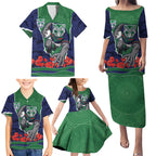 Personalized New Zealand Warriors ANZAC Tribute Family Matching Puletasi and Hawaiian Shirt Poppy Field Soldier Silhouette Aboriginal Rugby Mascot