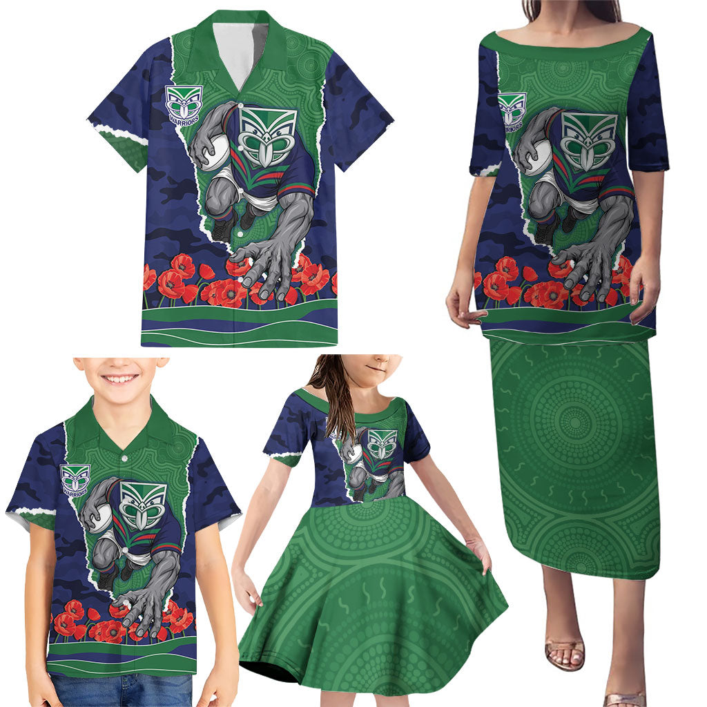 Personalized New Zealand Warriors ANZAC Tribute Family Matching Puletasi and Hawaiian Shirt Poppy Field Soldier Silhouette Aboriginal Rugby Mascot