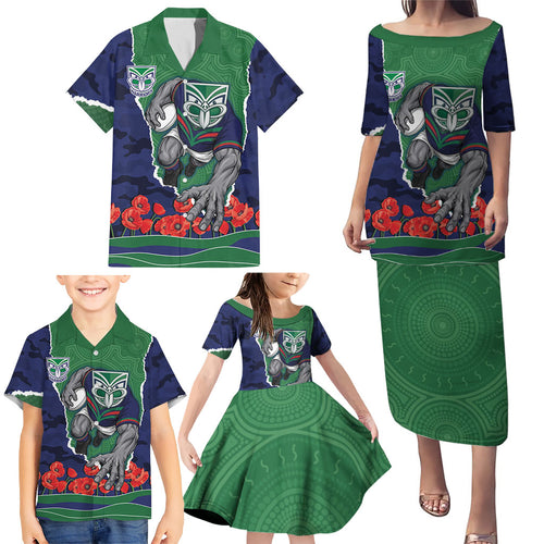 Personalized New Zealand Warriors ANZAC Tribute Family Matching Puletasi and Hawaiian Shirt Poppy Field Soldier Silhouette Aboriginal Rugby Mascot