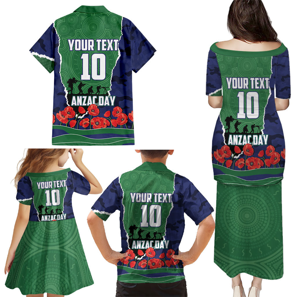 Personalized New Zealand Warriors ANZAC Tribute Family Matching Puletasi and Hawaiian Shirt Poppy Field Soldier Silhouette Aboriginal Rugby Mascot