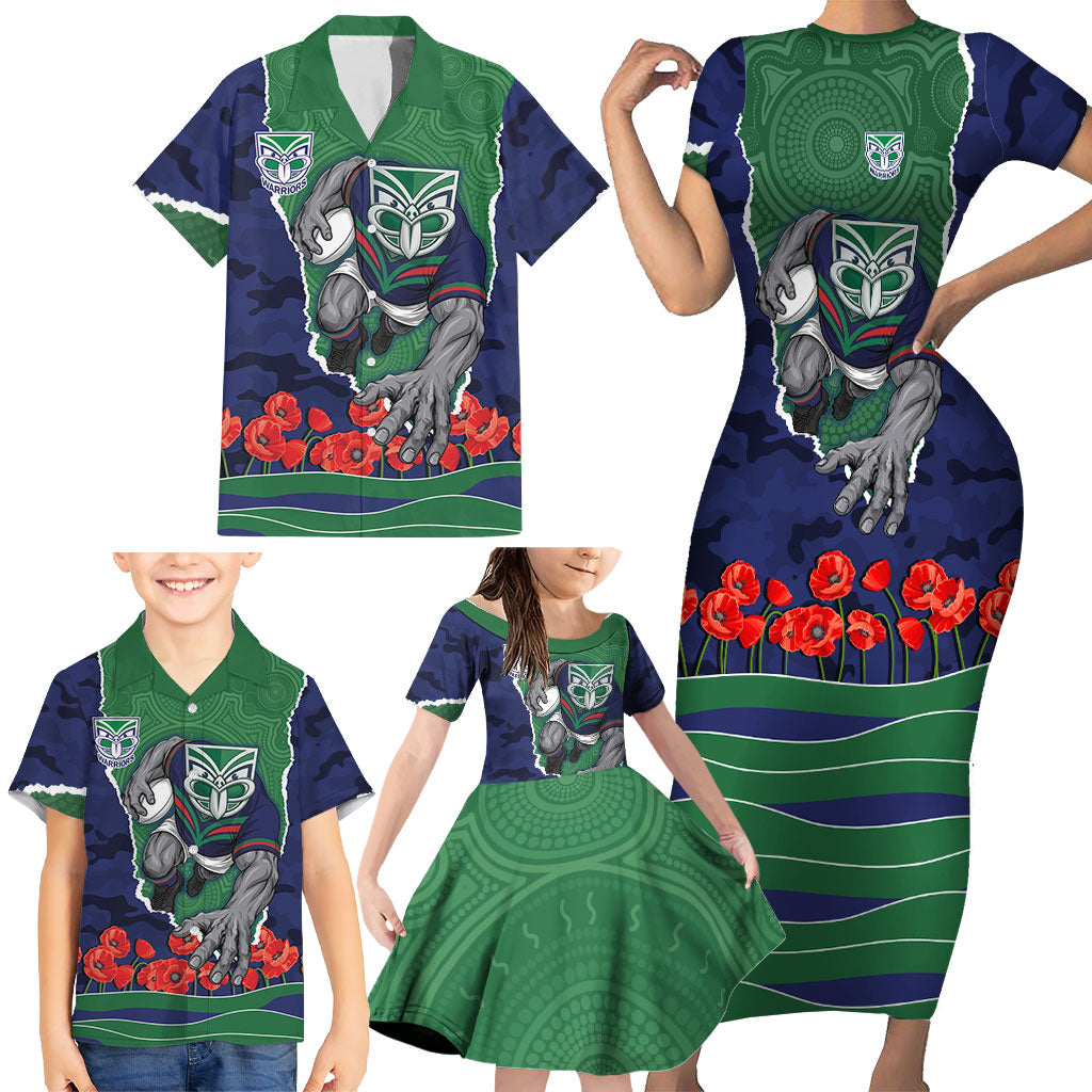 Personalized New Zealand Warriors ANZAC Tribute Family Matching Short Sleeve Bodycon Dress and Hawaiian Shirt Poppy Field Soldier Silhouette Aboriginal Rugby Mascot