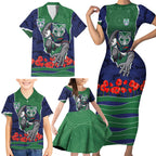 Personalized New Zealand Warriors ANZAC Tribute Family Matching Short Sleeve Bodycon Dress and Hawaiian Shirt Poppy Field Soldier Silhouette Aboriginal Rugby Mascot
