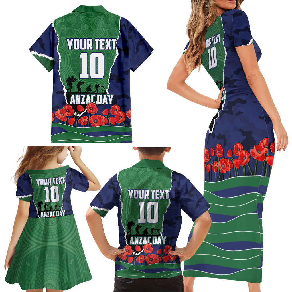 Personalized New Zealand Warriors ANZAC Tribute Family Matching Short Sleeve Bodycon Dress and Hawaiian Shirt Poppy Field Soldier Silhouette Aboriginal Rugby Mascot