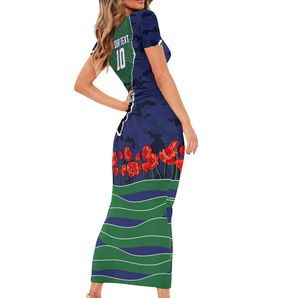 Personalized New Zealand Warriors ANZAC Tribute Family Matching Short Sleeve Bodycon Dress and Hawaiian Shirt Poppy Field Soldier Silhouette Aboriginal Rugby Mascot